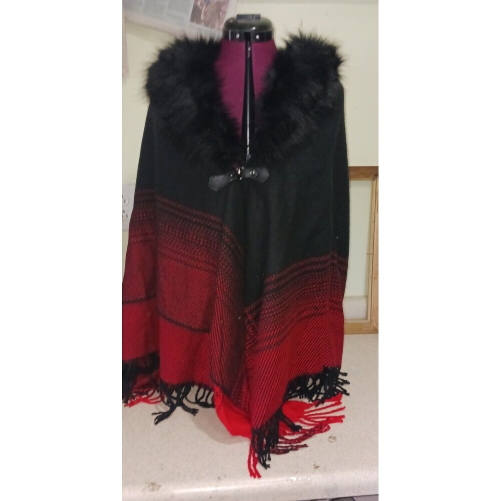 Cato Red Black Wrap Cape Faux Fur collar One size fits most